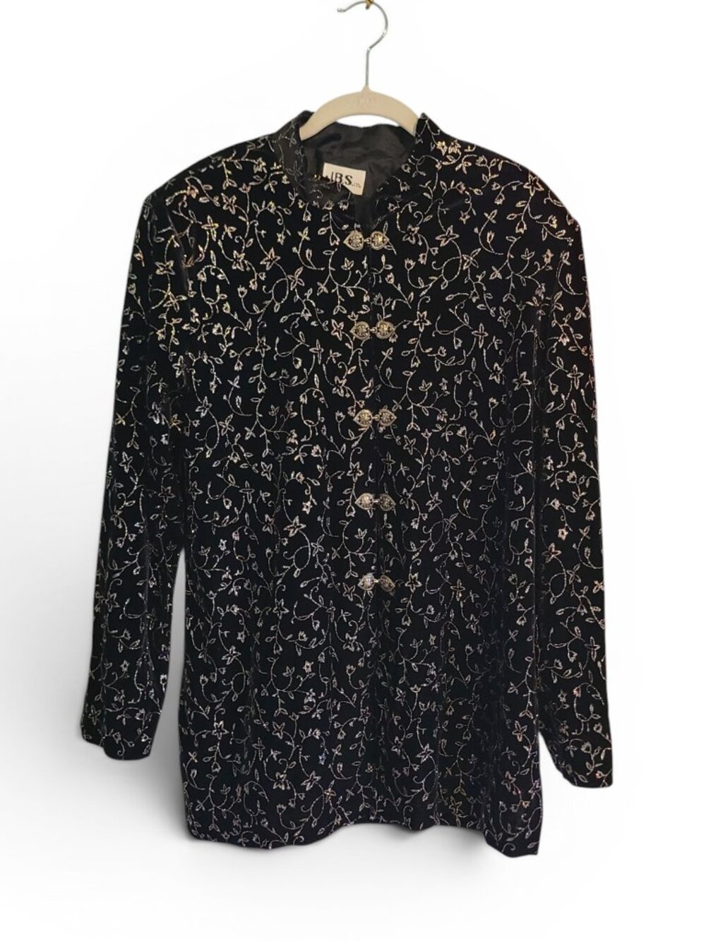 Vintage 80s Black Velvet Silver Metallic Floral Military Style Jacket Gothic